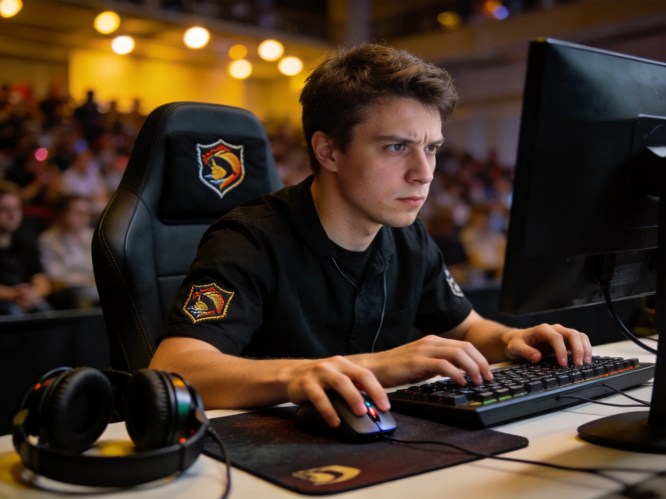 DOTA2职业赛事现场，选手专注操作